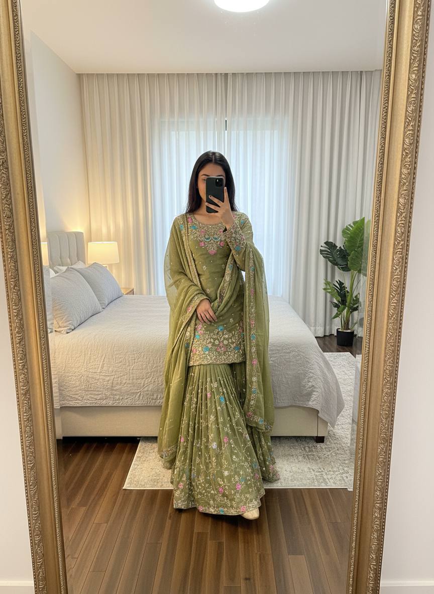 olive green floral embroidered designer kurta sharara set with dupatta