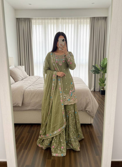 Olive Green Floral Embroidered Designer Kurta Sharara Set with Dupatta