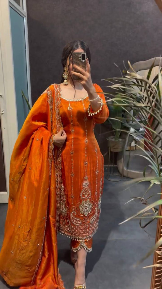 Designer Orange Ethnic Suit Set with Heavy Embroidery & Dupatta