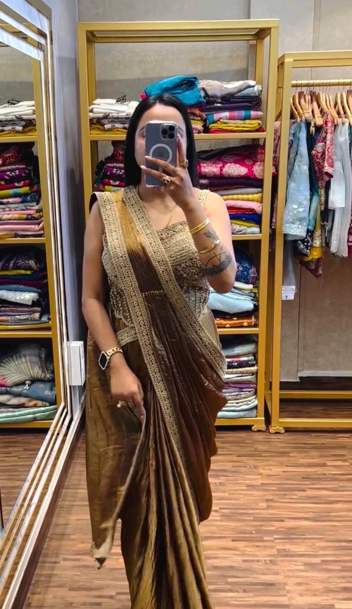 elegant brown ombre saree with designer golden border