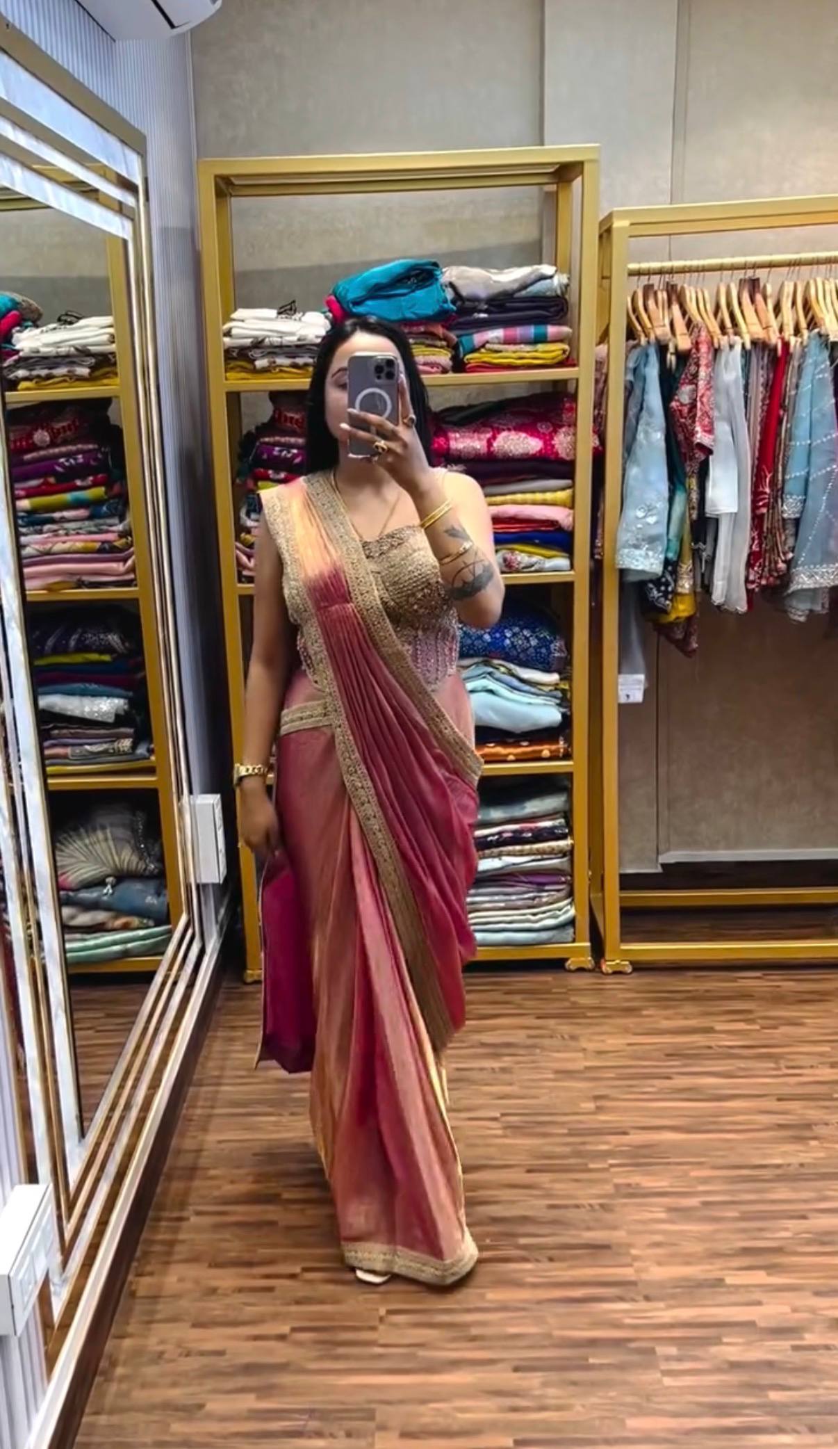 luxury shaded pink saree with heavy embroidered blouse