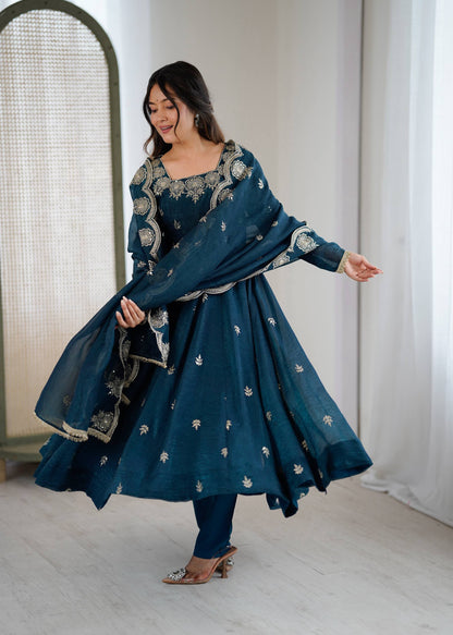 Elegant embroided sequence designer anarkali three piece set