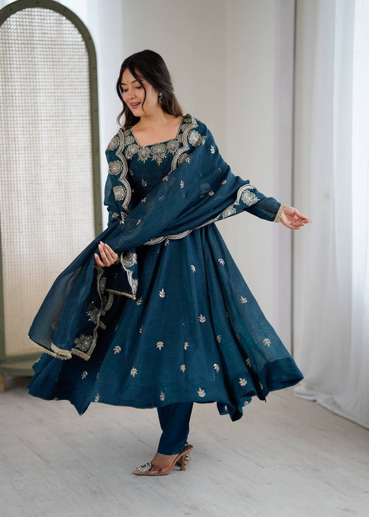 Elegant embroided sequence designer anarkali three piece set
