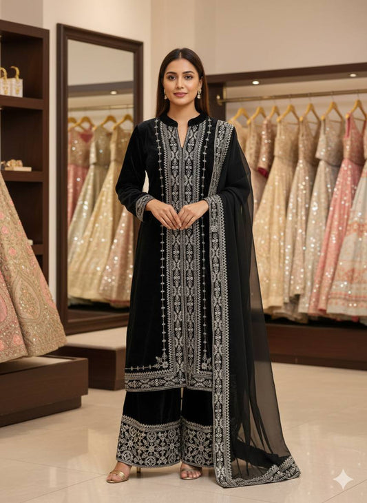 Elegant Black Embroidered Kurta Palazzo Set with Dupatta