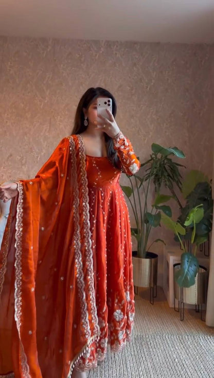 Burnt Orange Embroidered Anarkali Suit with Dupatta