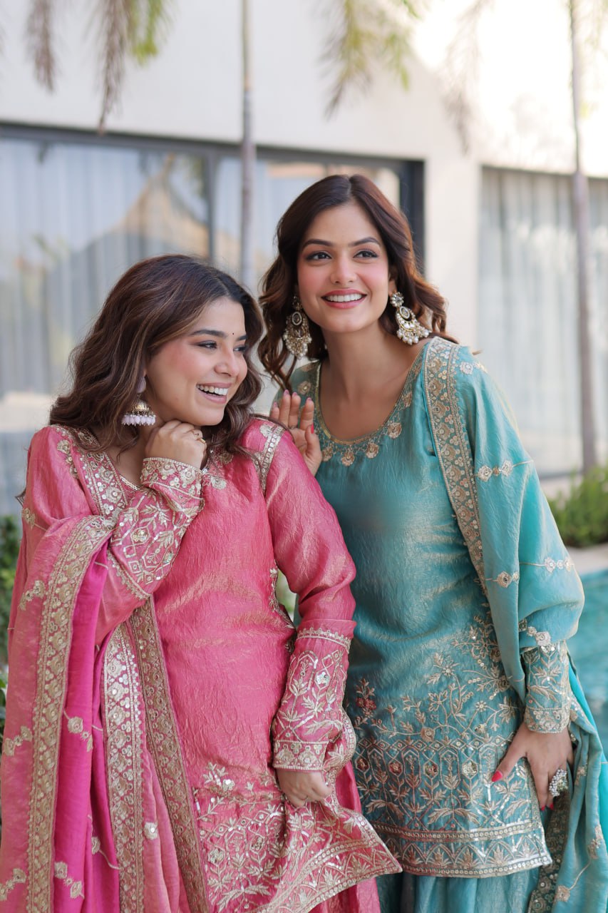 peach & sky embroidered fendy crus kurta set