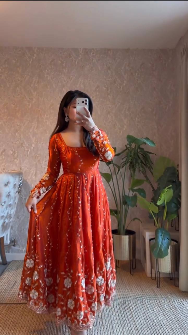 burnt orange embroidered anarkali suit with dupatta
