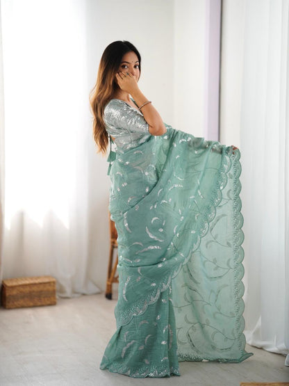 Sage Green Embroidered Saree with Matching Blouse