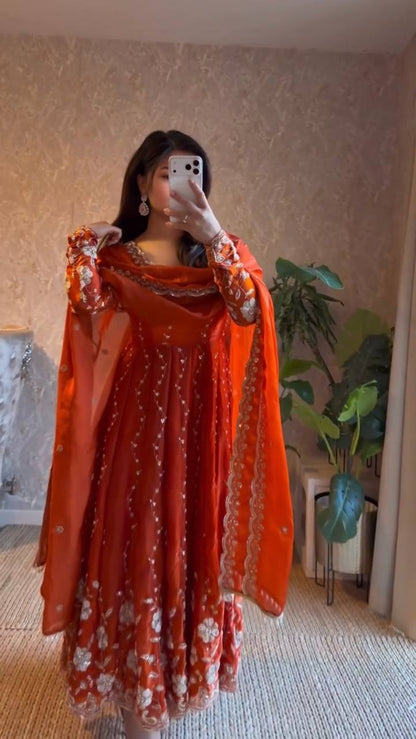 Burnt Orange Embroidered Anarkali Suit with Dupatta