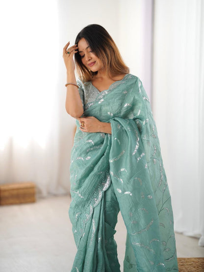 Sage Green Embroidered Saree with Matching Blouse
