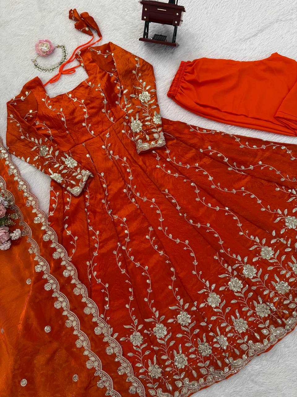 burnt orange embroidered anarkali suit with dupatta
