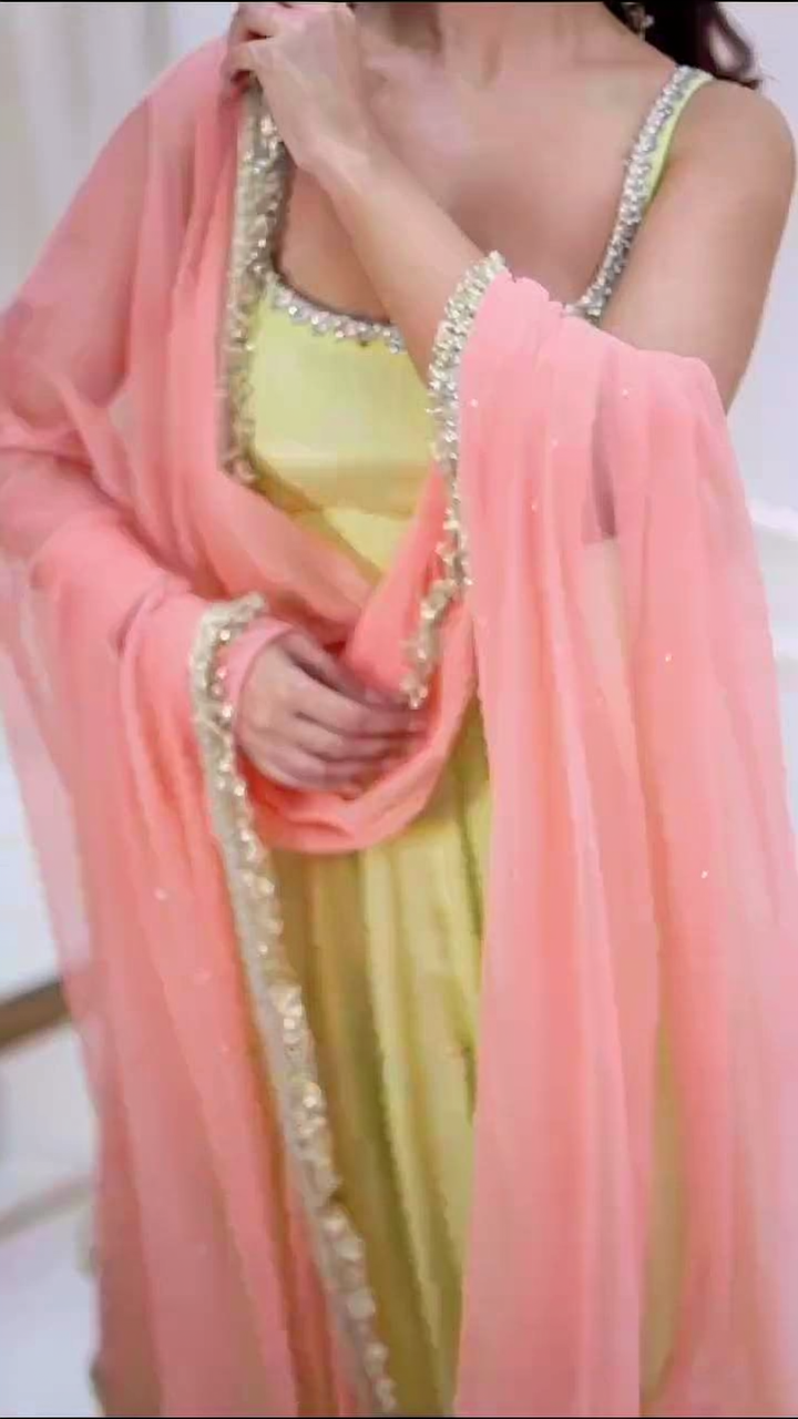 pastel green anarkali dress with pink organza dupatta for women