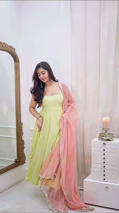 Pastel Green Anarkali Dress with Pink Organza Dupatta for Women