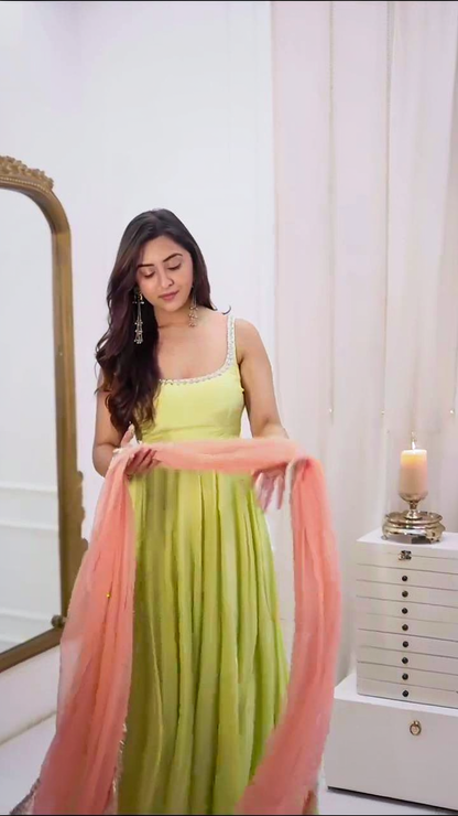 Pastel Green Anarkali Dress with Pink Organza Dupatta for Women