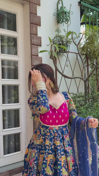 Designer Blue & Pink Festive Anarkali Gown with Dupatta