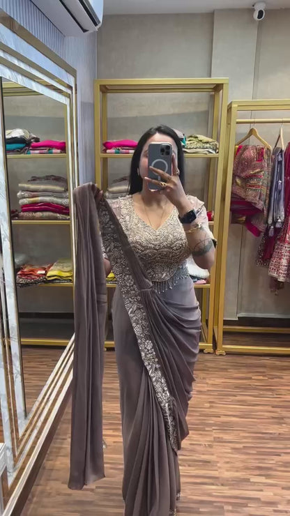 Hand-Embroidered Mauve Silk Drape Saree with Heavy Zardosi Work Blouse