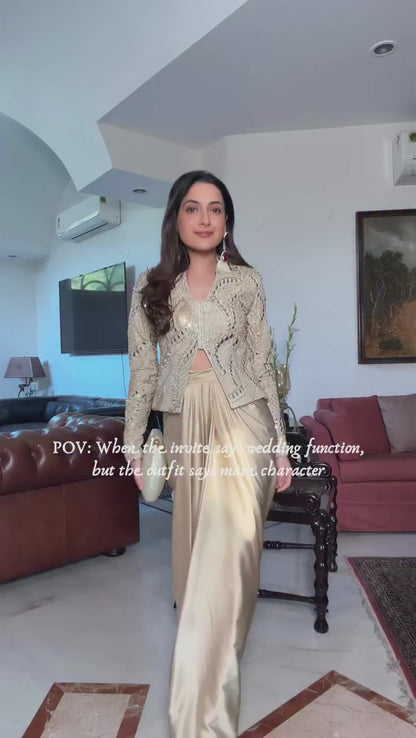 Zareen Gold Silk Zari Indo-Western Jacket Set with Mirror Work & Embroidery