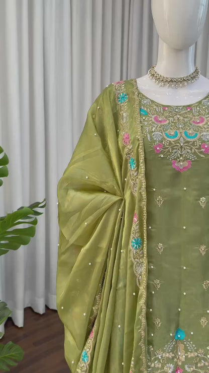 Olive Green Floral Embroidered Designer Kurta Sharara Set with Dupatta
