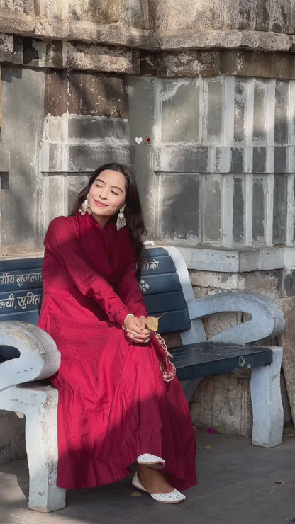 Maroon zari work chanderi anarkali set