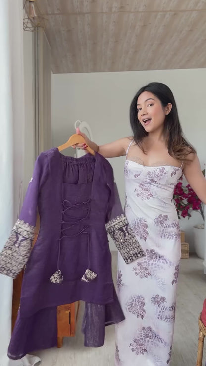 Purple Crunchy Silk Top with Bell Bottom