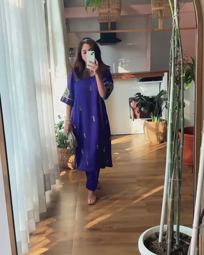 Royal Blue Embroidered A-Line Kurta Pant Set for Women
