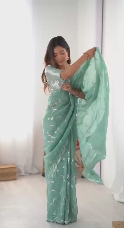Sage Green Embroidered Saree with Matching Blouse