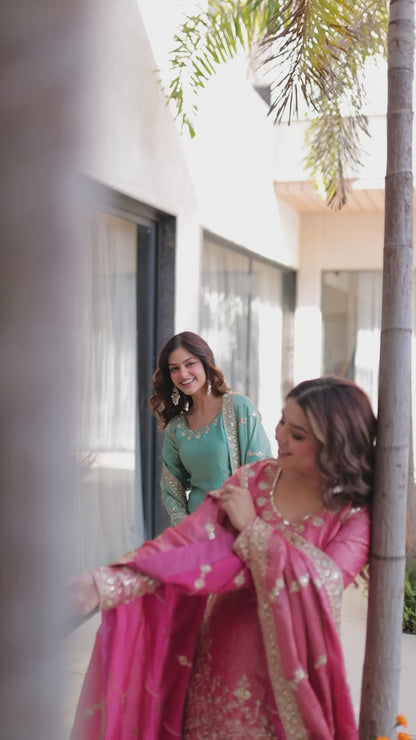 Peach & Sky Embroidered Fendy Crus Kurta Set