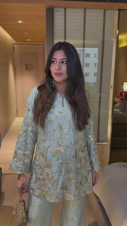 Unparalleled Sky Blue Stylish Designer Suit with Rich Sequins Embroidery Detailing