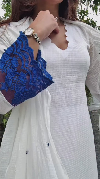 Ivory Blue Kota Checks Lace Embroidered Kurta Pant & Dupatta Set