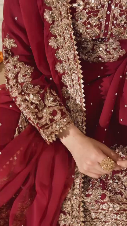 Maroon Heavy Embroidered Designer Kurta Sharara Set with Dupatta