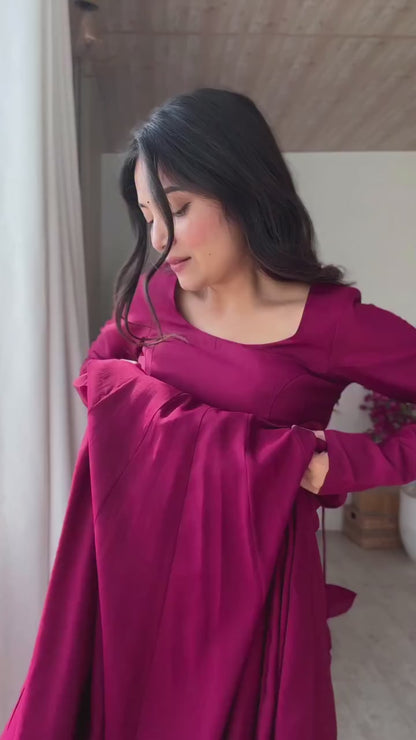 Elegant Wine Silk Embroidered Anarkali Gown with Jacket, Bottom & Dupatta