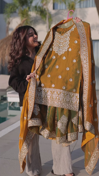 Mustard Gold  Embroidered Fendy Chiffon Kurta Set
