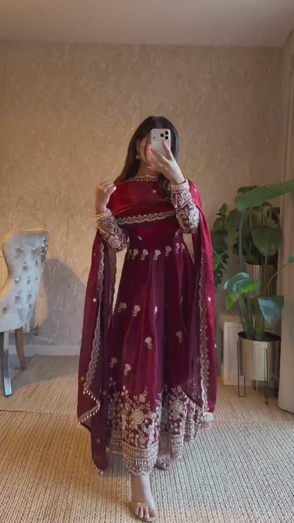 Elegant Maroon Embroidered Anarkali Suit Set with Dupatta