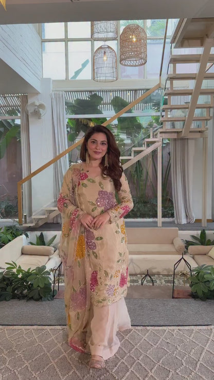 Blush Beige Floral Embroidered Kurta Set with Dupatta