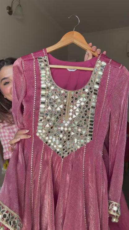 Luxury Dusty Rose Mirror Work with Organza Dupatta Set