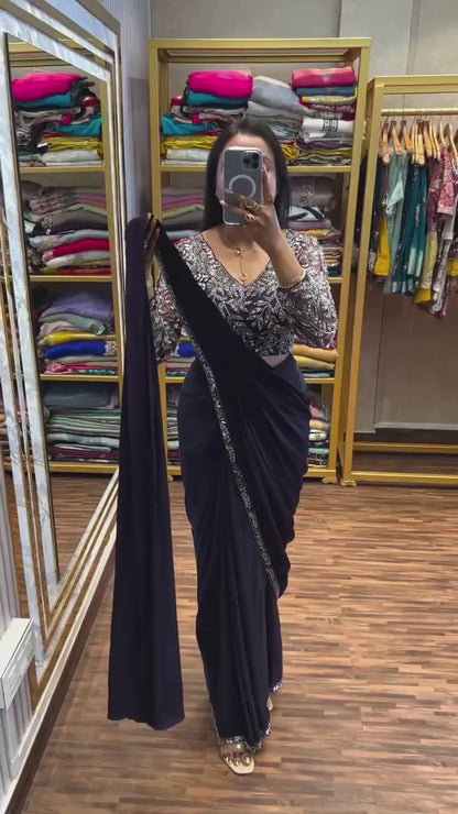 Luxury Black Drape Saree with Intricate Silver Embellished Blouse