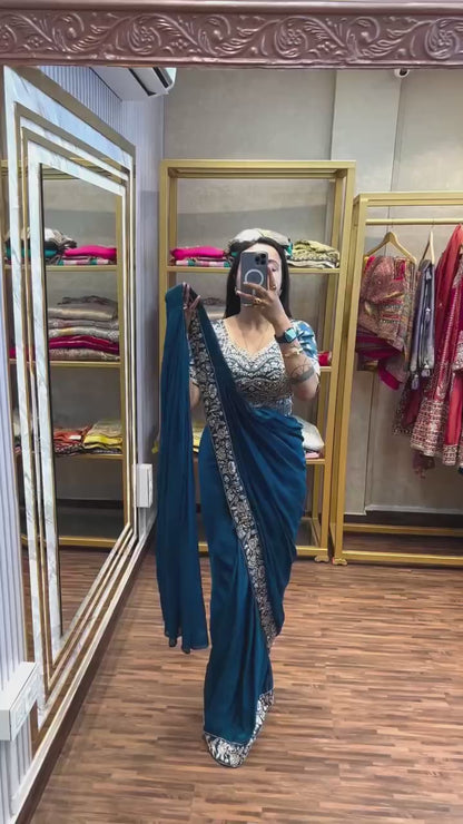 Peacock Blue Silk Drape Saree with Heavy Silver Zardosi Work Blouse