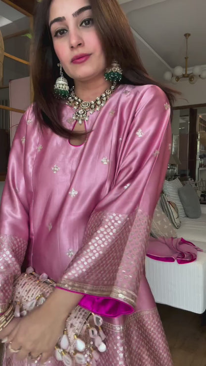 Pink Gajji Silk Embroidered 3 Piece Suit Set