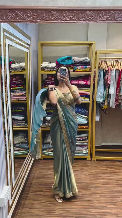 Premium Green Ethnic Saree with Designer Gold Work