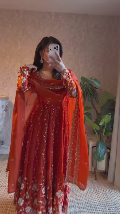 Burnt Orange Embroidered Anarkali Suit with Dupatta