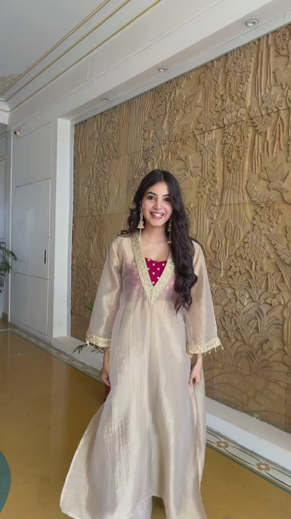 Elegant Beige Tissue Embroidered Kurta Palazzo Set for Women