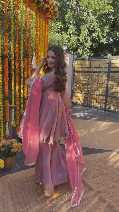 Pastel Ombre Sharara Set with Scalloped Lace & Heavy Mirror Work Neckline