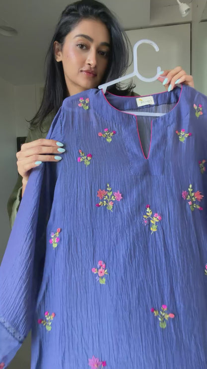 Mehrunnisa Royal Purple Chanderi Silk Floral Embroidered Kurta Pant Set for Women