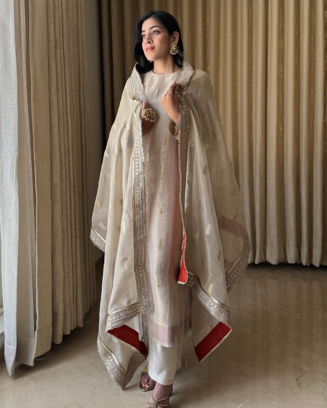 luxury ivory hand-embellished tissue suit set