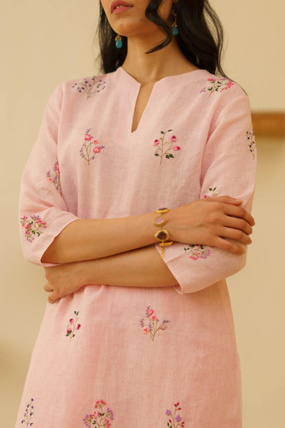 Pink Floral Embroidered Mal Chanderi Kurta Set with Organza Dupatta for Women