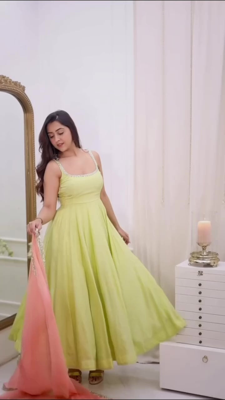 pastel green anarkali dress with pink organza dupatta for women