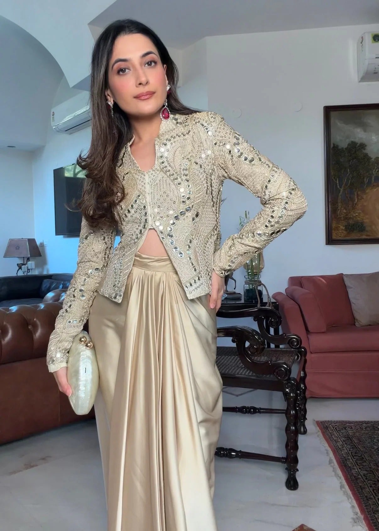 zareen gold silk zari indo-western jacket set with mirror work & embroidery