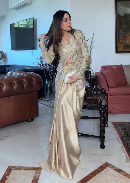 Zareen Gold Silk Zari Indo-Western Jacket Set with Mirror Work & Embroidery